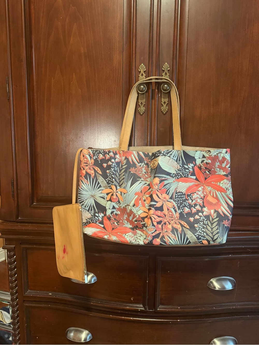 Tory Burch Floral Canvas Tote in Coral, Mint & Tan